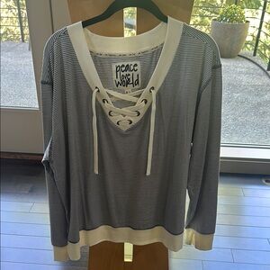 Peace Love World Lace-Up Striped Sweater - Black and White